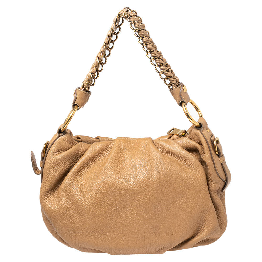 Prada Beige Cervo Lux Leather Woven Chain Hobo Prada