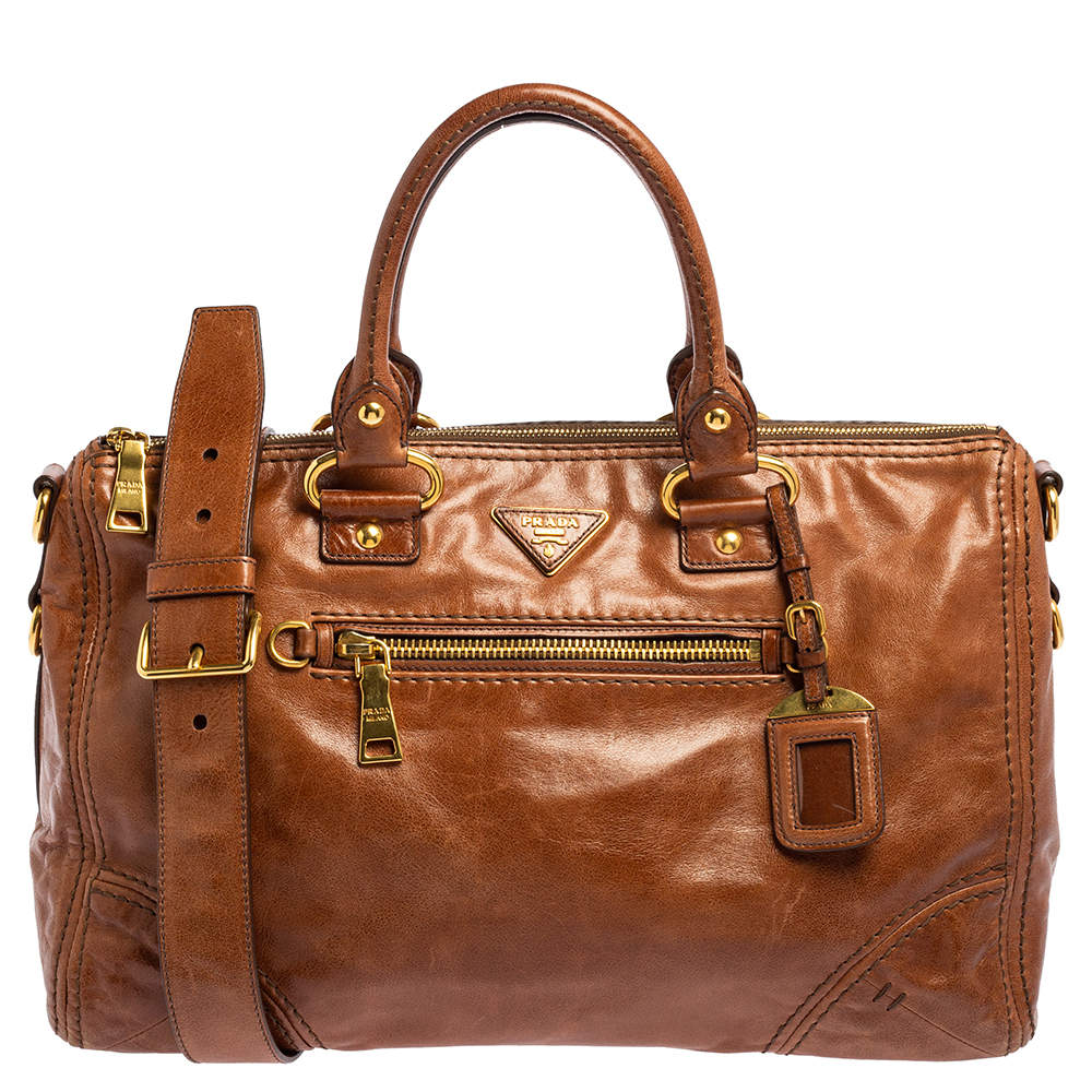 Pre Owned Prada Brown Leather East/West Bauletto Bag