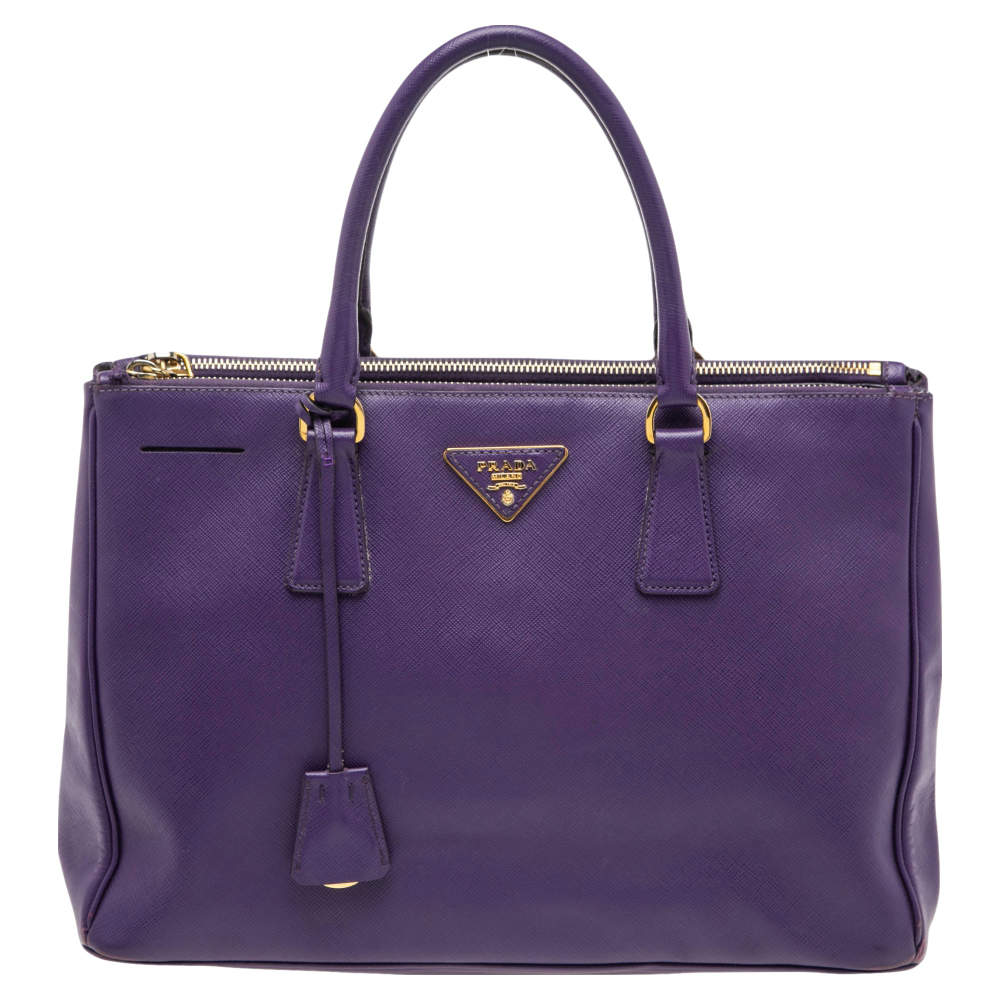 Pre Owned Prada Purple Saffiano Leather Medium Double Zip Tote