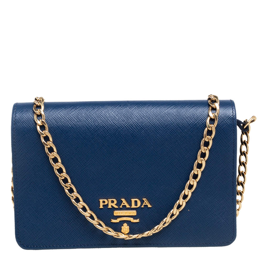 Pre Owned Prada Blue Saffiano Lux Leather Flap Wallet On Chain
