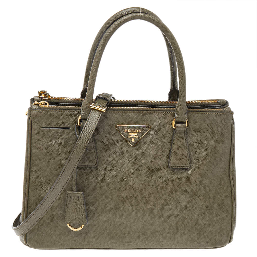Pre Owned Prada Military Green Saffiano Lux Leather Small Double Zip Tote