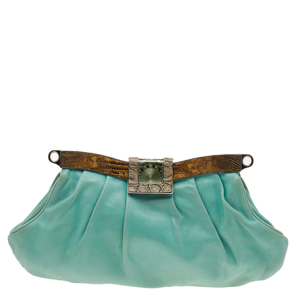 Pre Owned Prada Light Green Crocodile/Lizard and Leather Frame Clutch