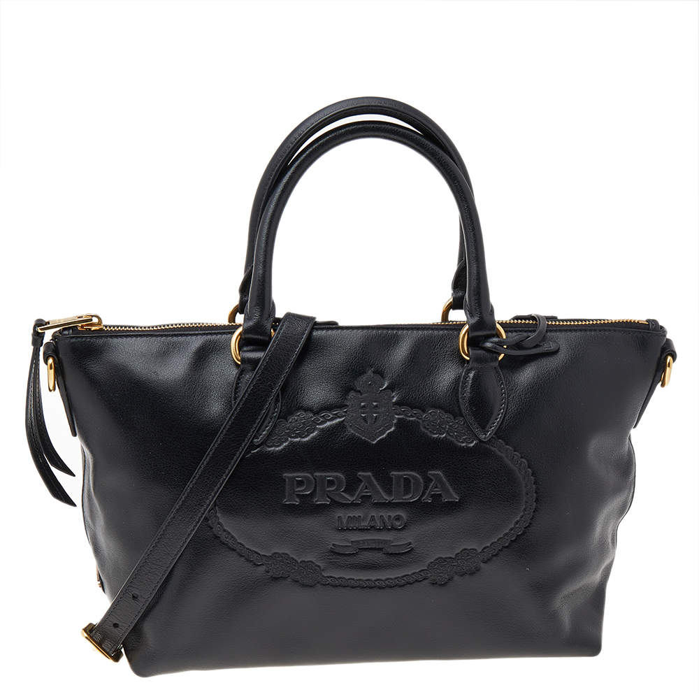 Pre Owned Prada Black Vitello Daino Leather Logo Embossed Tote