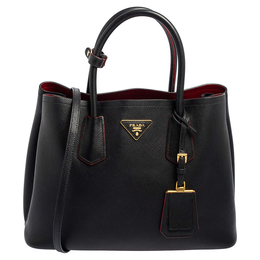 Pre Owned Prada Black Saffiano Leather Medium Double Handle Tote