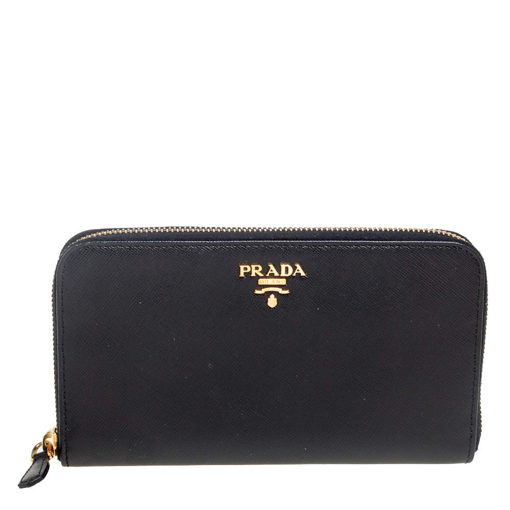 Pre Owned Prada Black Saffiano Leather Zip Around Continental Wallet