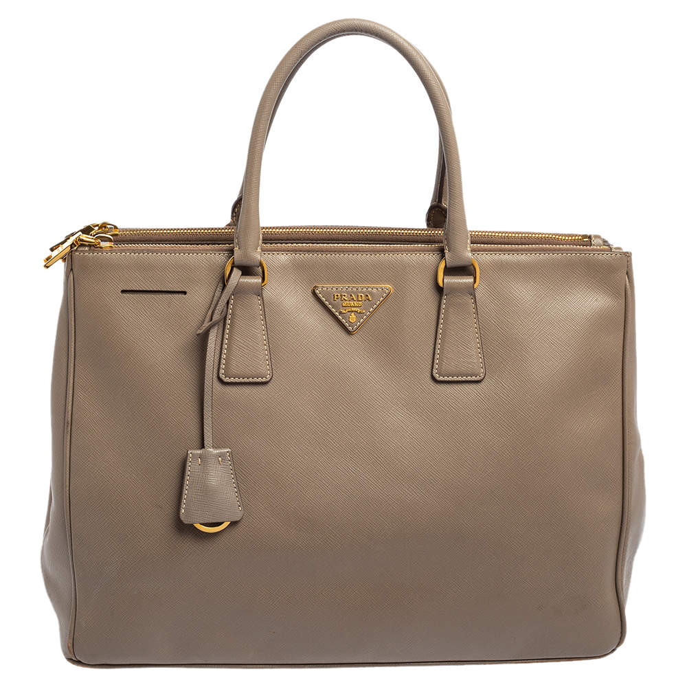 Pre Owned Prada Dark Beige Saffiano Lux Leather Large Double Zip Tote