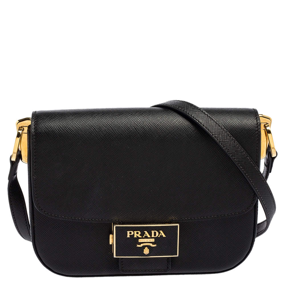 Prada Black Embleme Saffiano Leather Flap Crossbody Bag Prada The