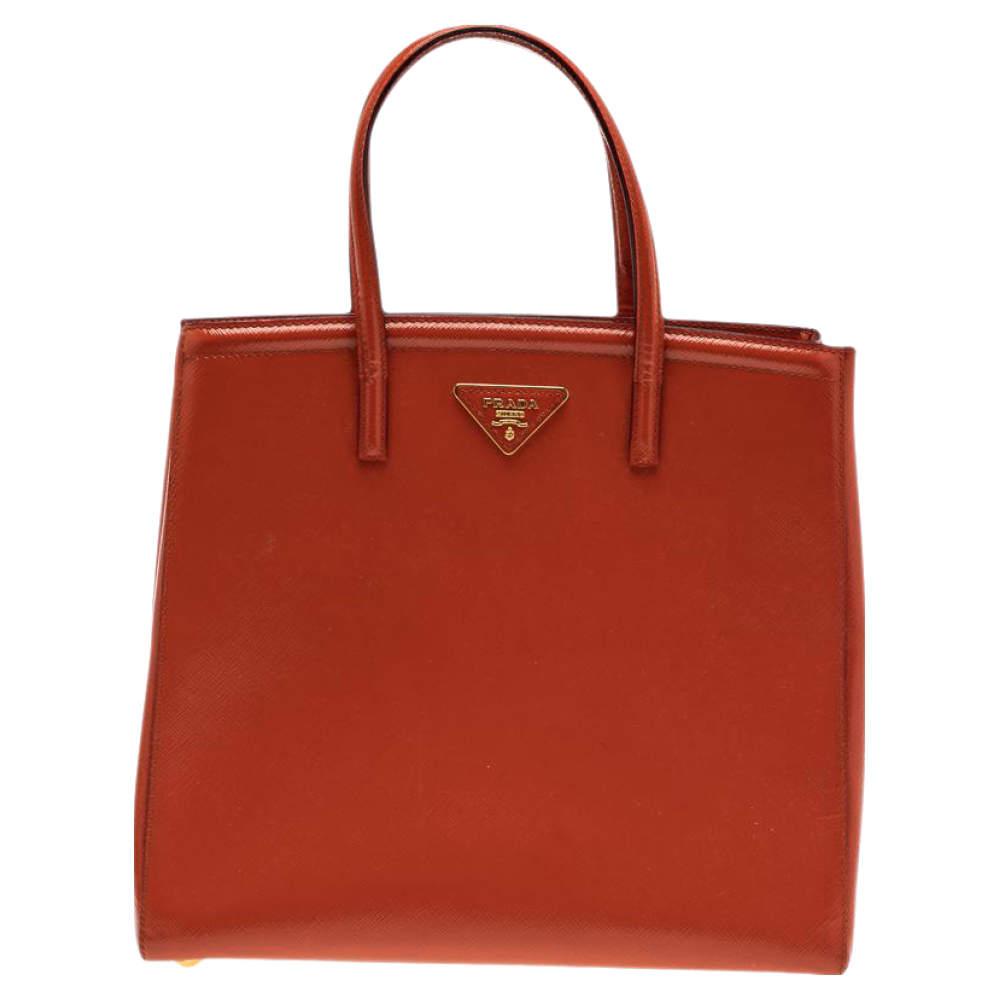Pre Owned Prada Orange Saffiano Patent Leather Parabole Tote