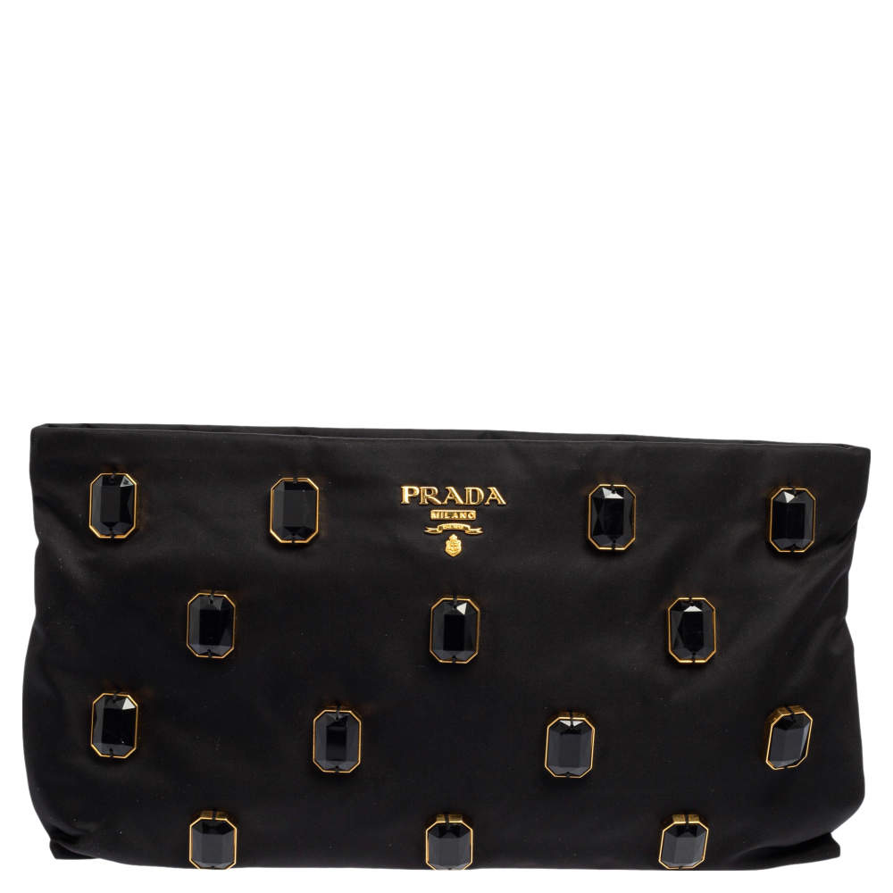 Pre Owned Prada Black Satin Jewel Gem Clutch