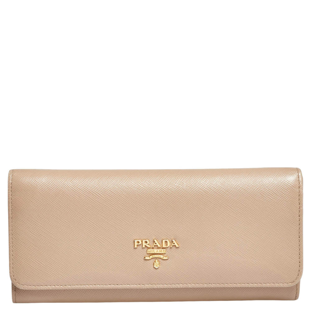 Pre Owned Prada Beige Saffiano Leather Flap Continental Wallet