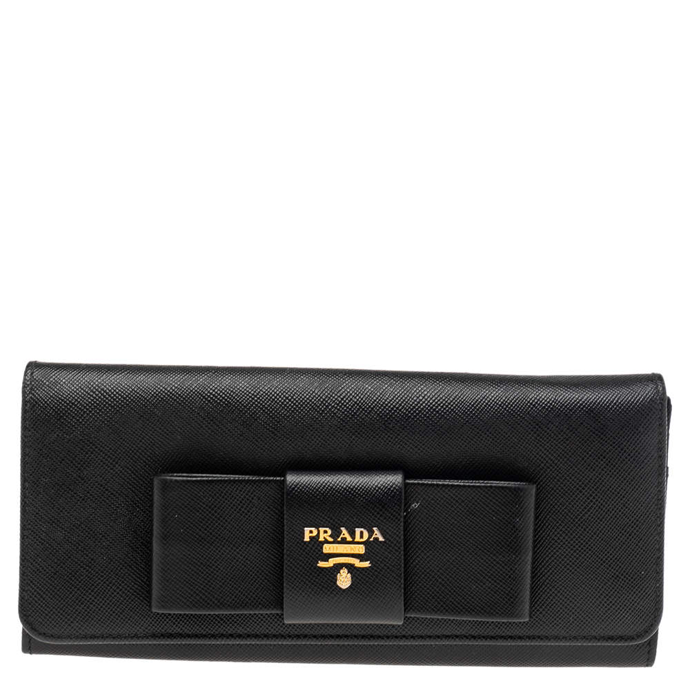Pre Owned Prada Black Saffiano Leather Bow Continental Wallet