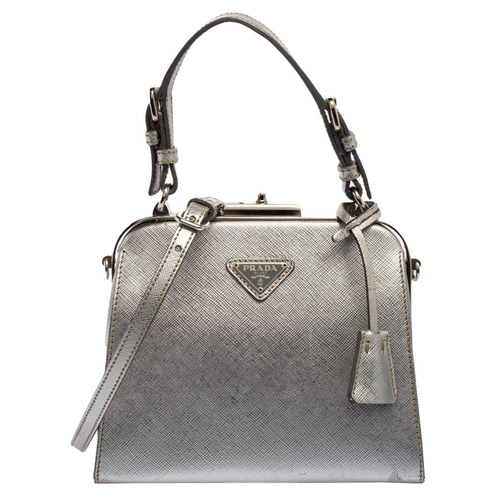 Pre Owned حقيبة يد علوية برادا إطار جلد سافيانو فضي