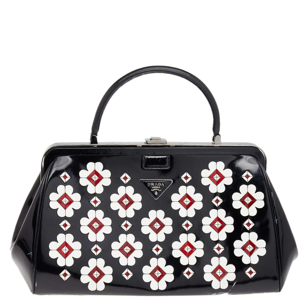 Pre Owned Prada Black Patent Leather Floral Hinge Top Handle Bag