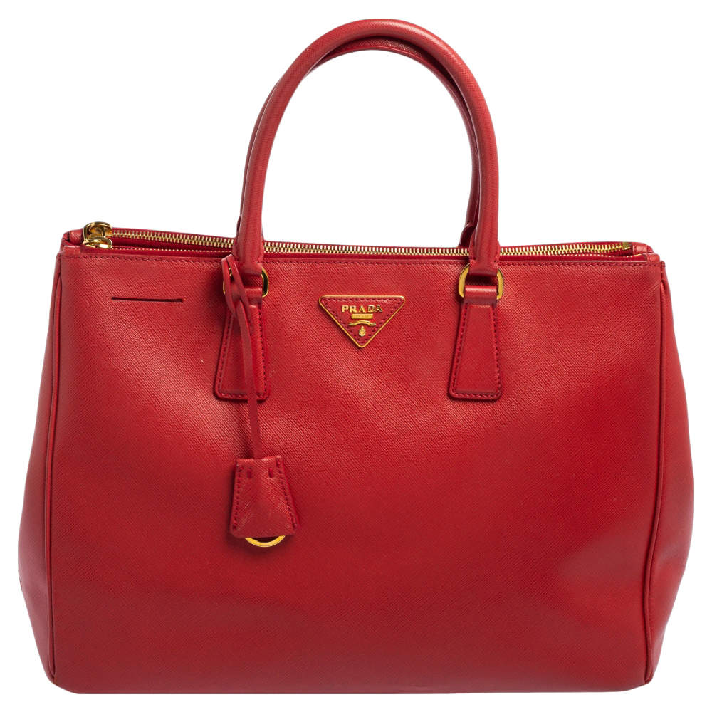 Pre Owned Prada Red Saffiano Lux Leather Large Galleria Double Zip Tote