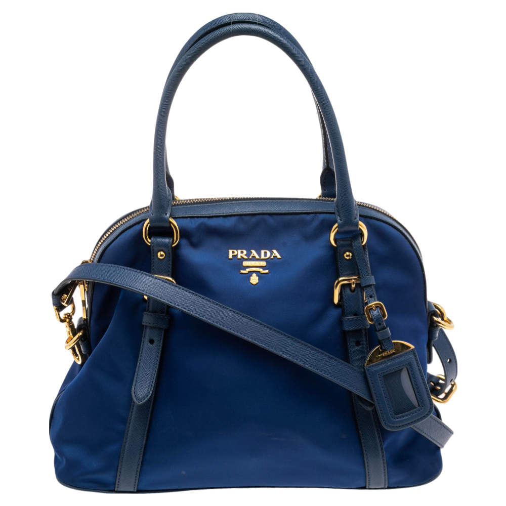 Pre Owned Prada Blue Nylon And Leather Zip Dome Satchel