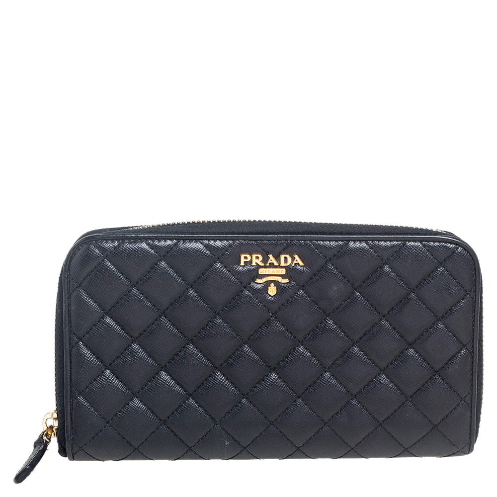 Pre Owned Prada Black Quilted Saffiano Metal Leather Zip Around Continental Wallet