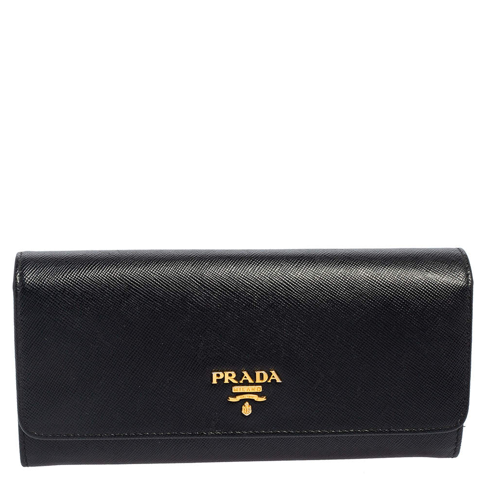 Pre Owned Prada Black Saffiano Leather Flap Continental Wallet