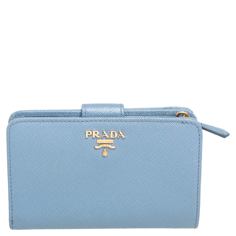 Pre Owned Prada Light Blue Saffiano Lux Leather Flap French Wallet 