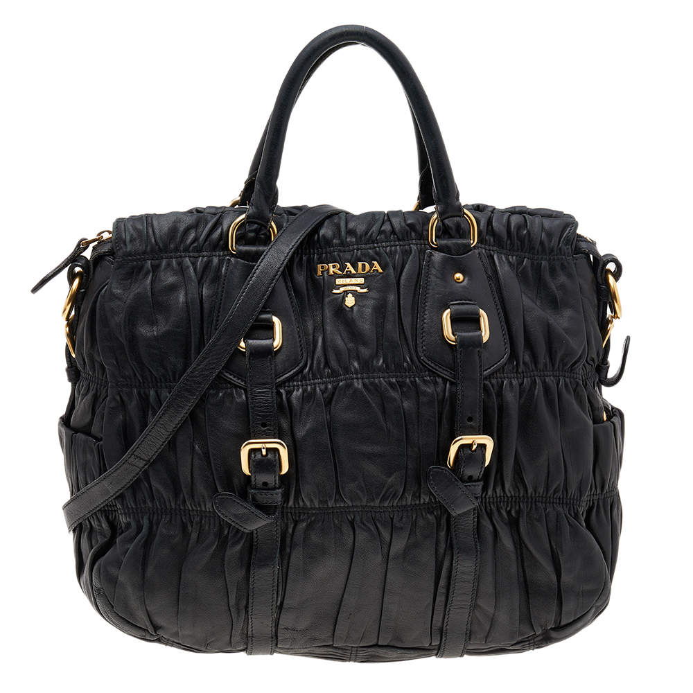 Pre Owned Prada Black Gaufre Leather Shopping Tote