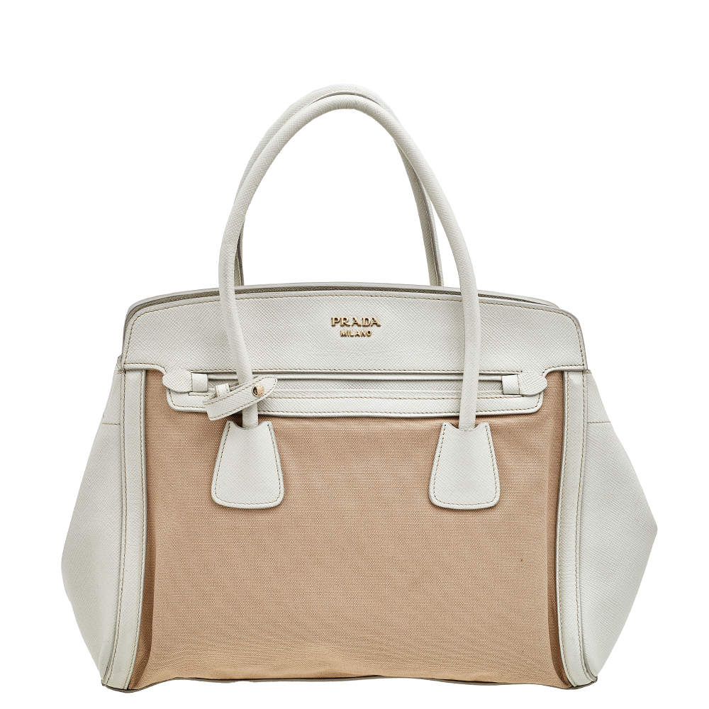 Pre Owned Prada Brown/White Canvas And Saffiano Leather Trimmed Satchel