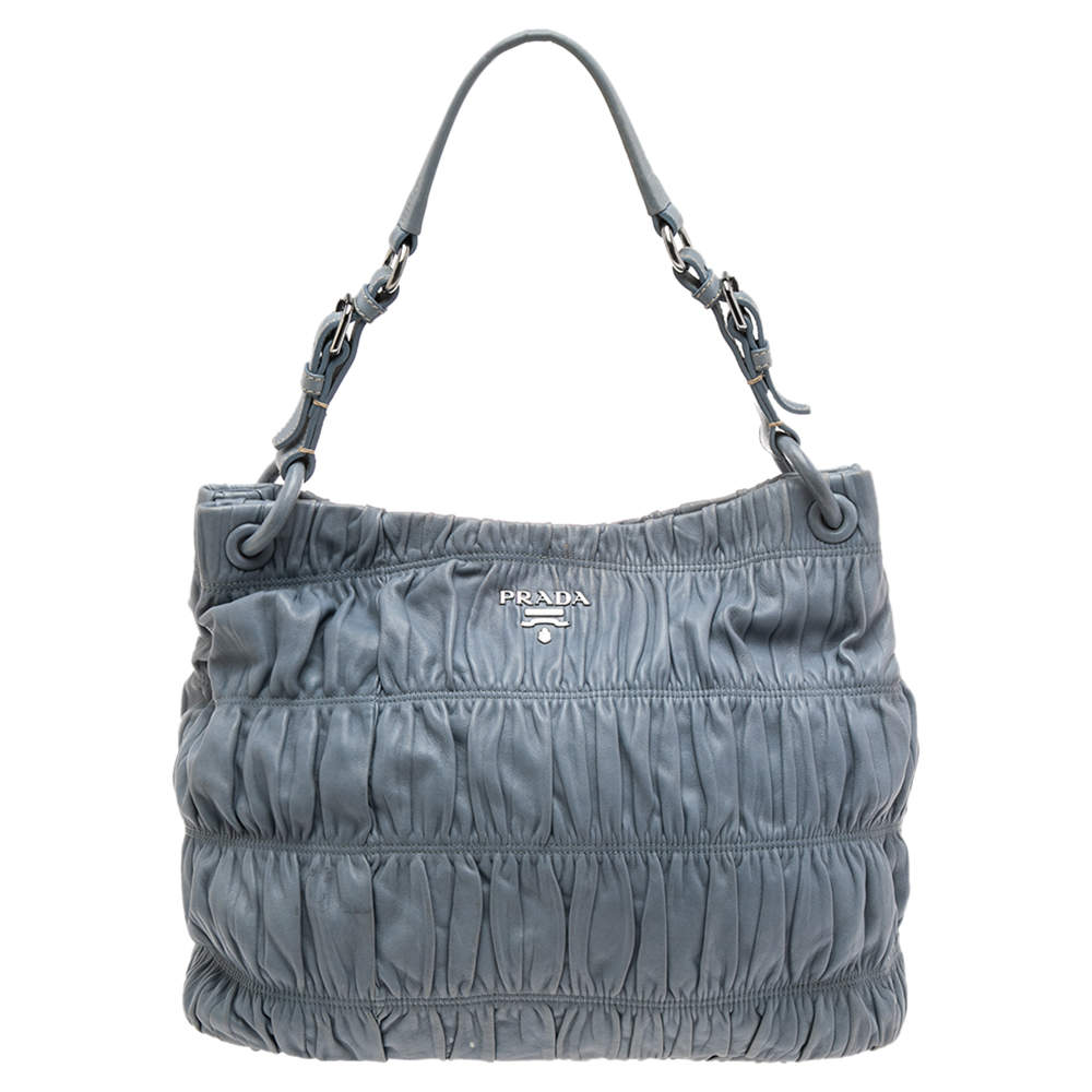 Pre Owned Prada Light Blue Gaufre Leather Hobo