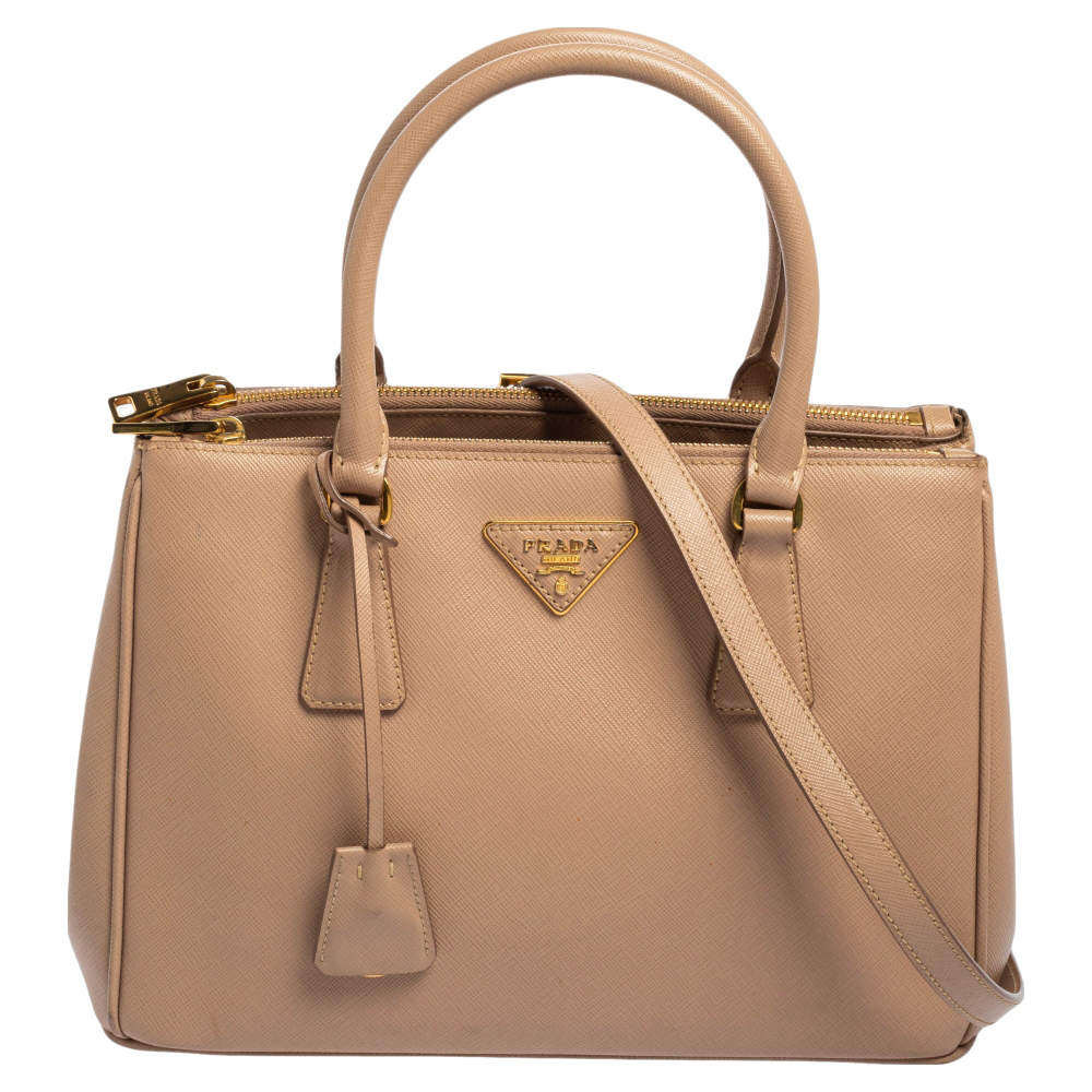 Pre Owned Prada Beige Saffiano Lux Leather Small Double Zip Galleria Tote