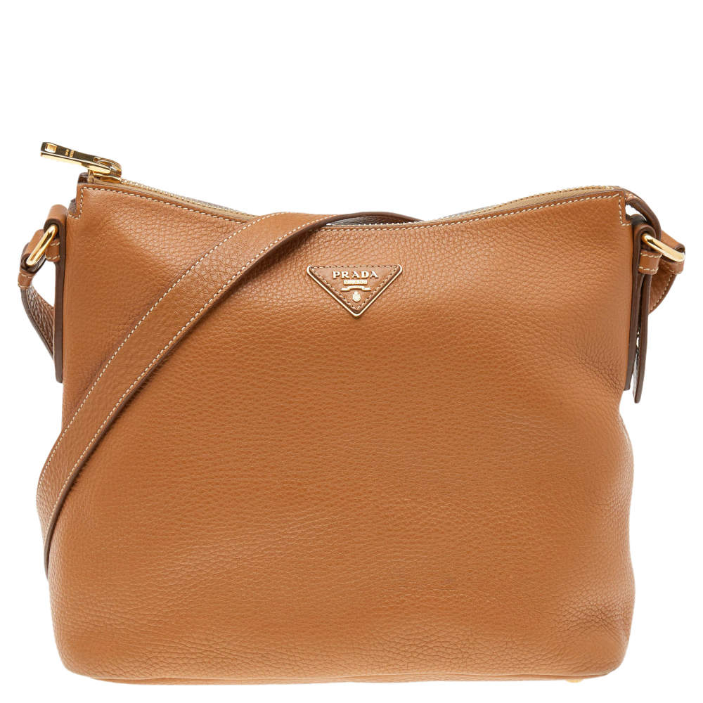 Pre Owned Prada Tan Vitello Leather Top Zip Shoulder Bag