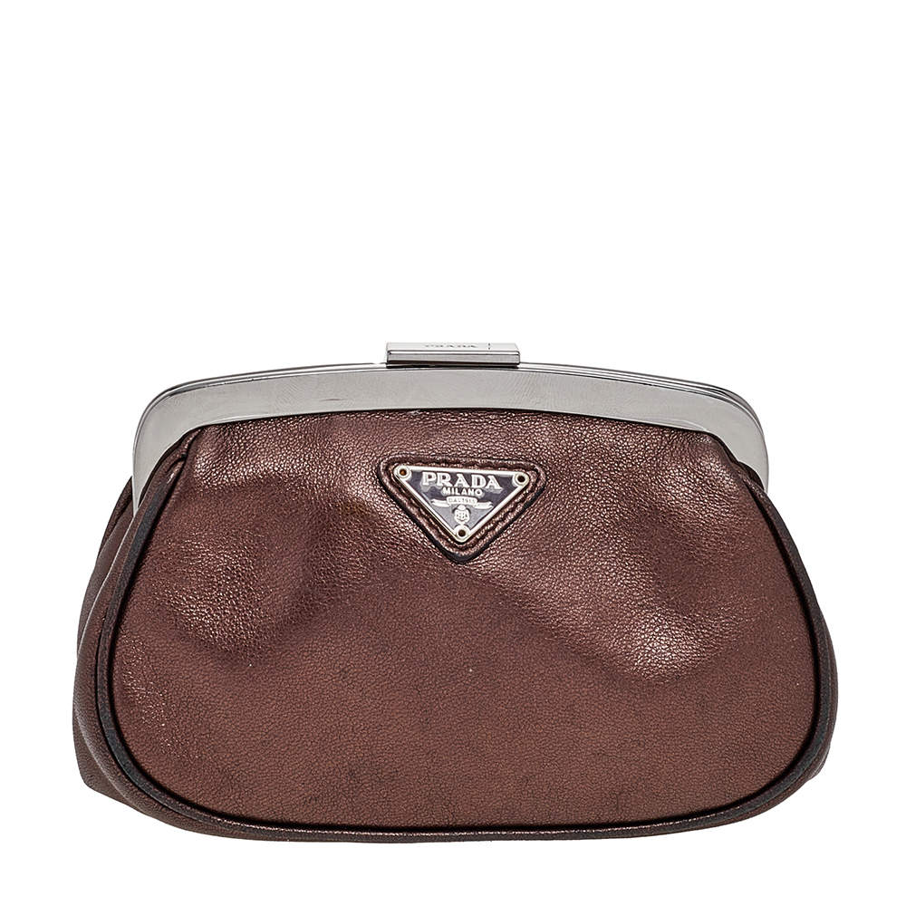 Pre Owned Prada Metallic Brown Leather Logo Plaque Coin Purse