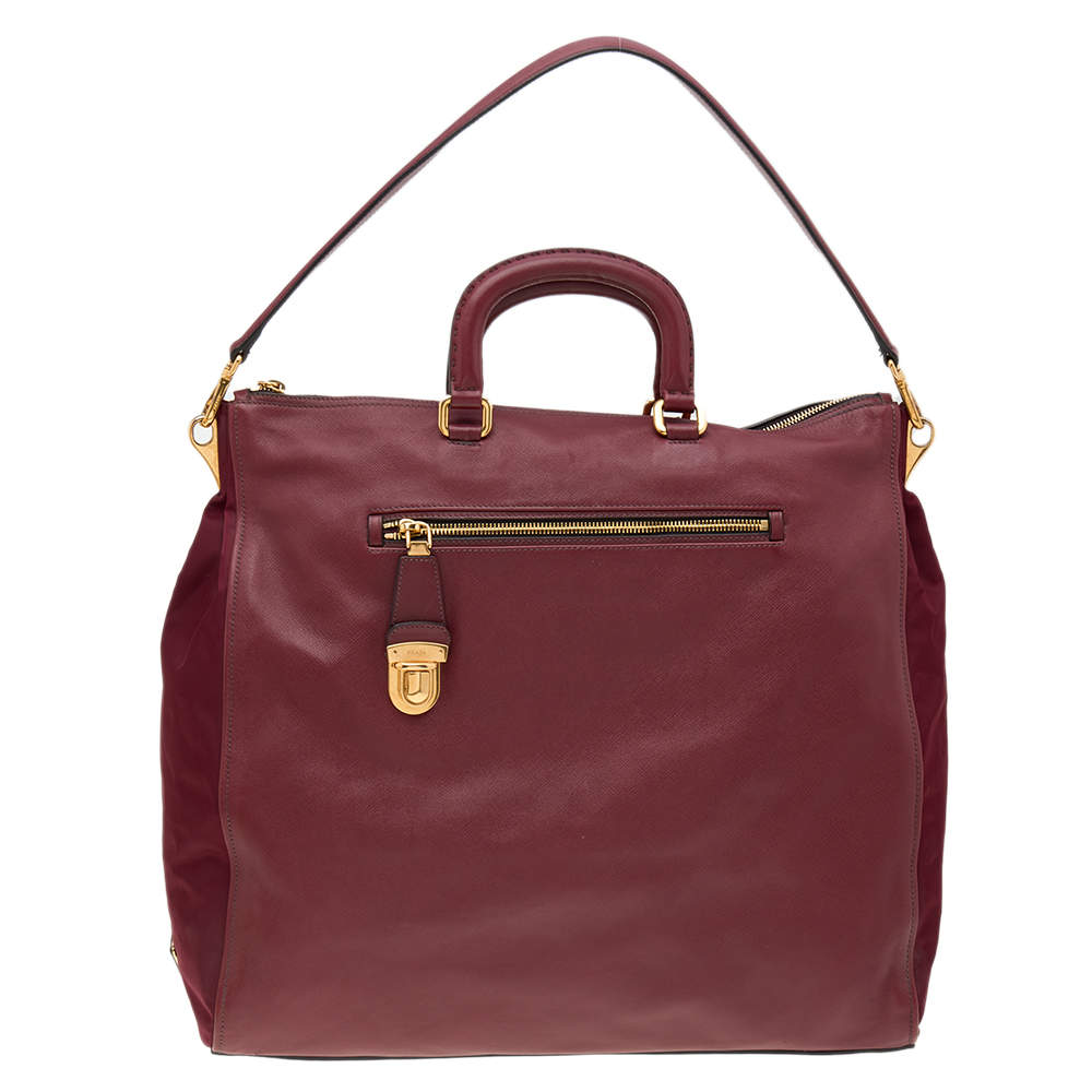 Pre Owned Prada Burgundy Leather Zip Tote