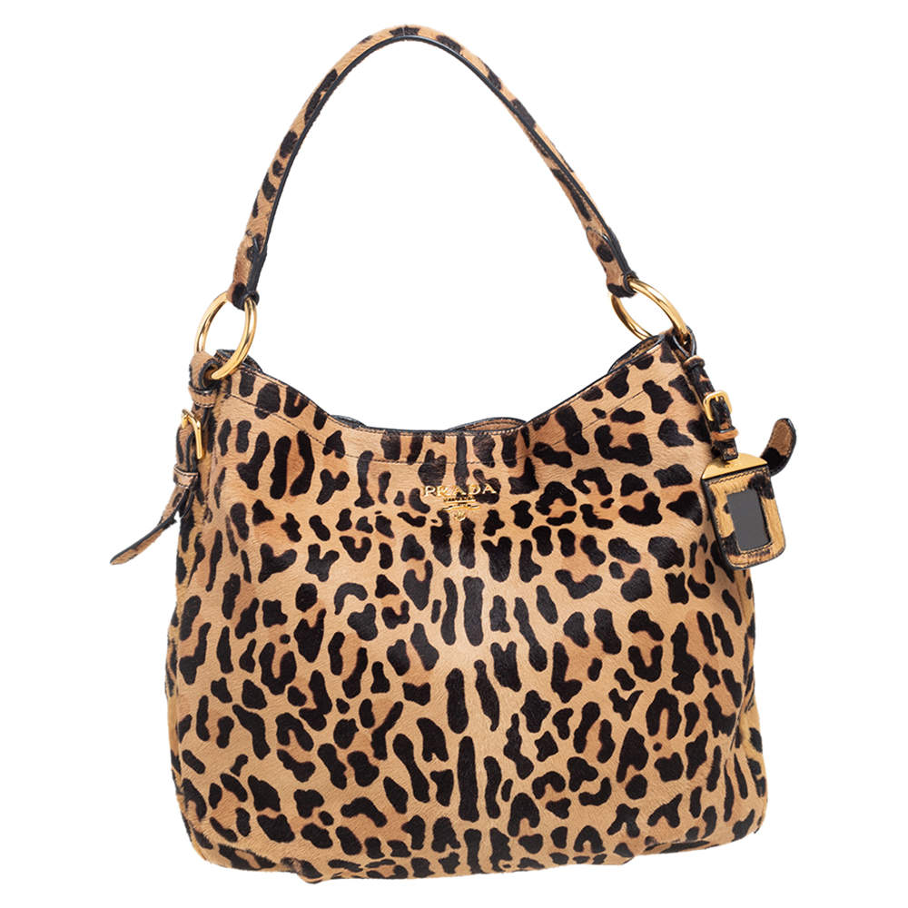 Pre Owned Prada Tan/Black Leopard Print Calfhair Snap Hobo