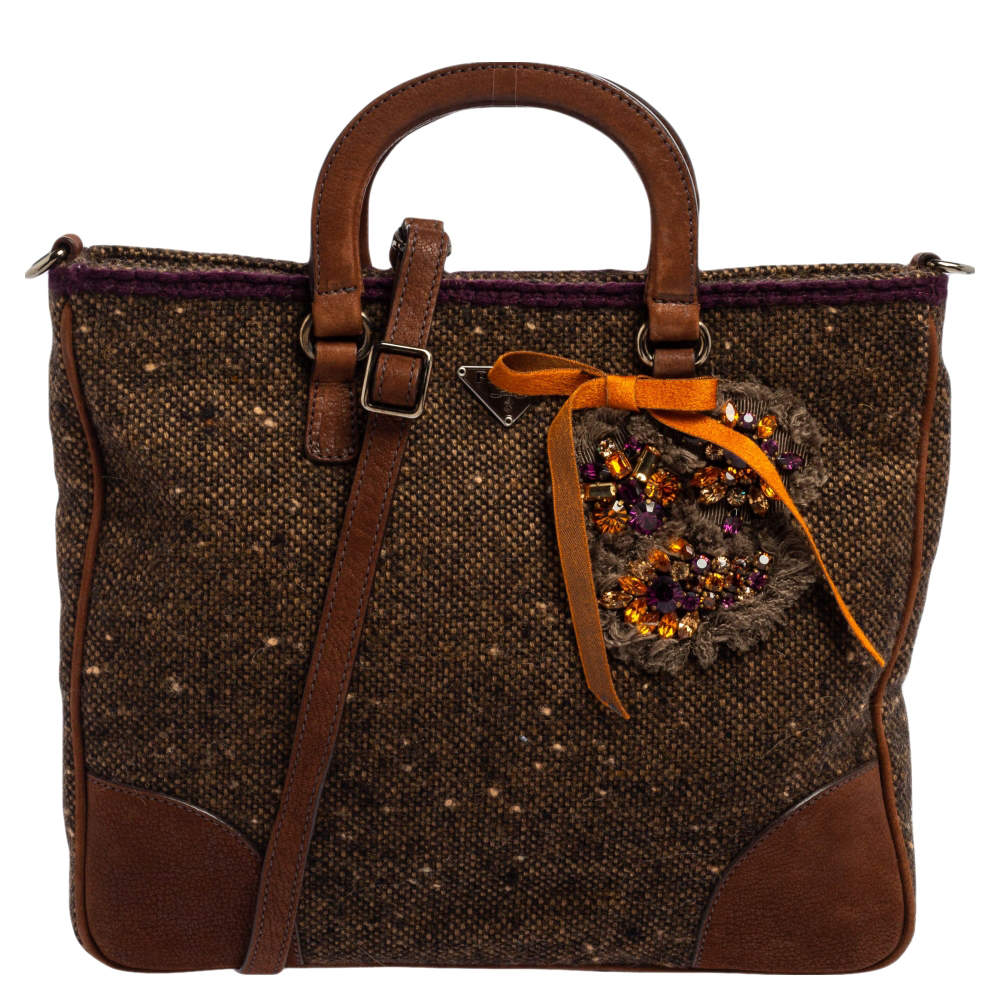 Pre Owned Prada Brown Tweed and Nubuck Leather Trim Small Jewel Embellished Convertible Tote