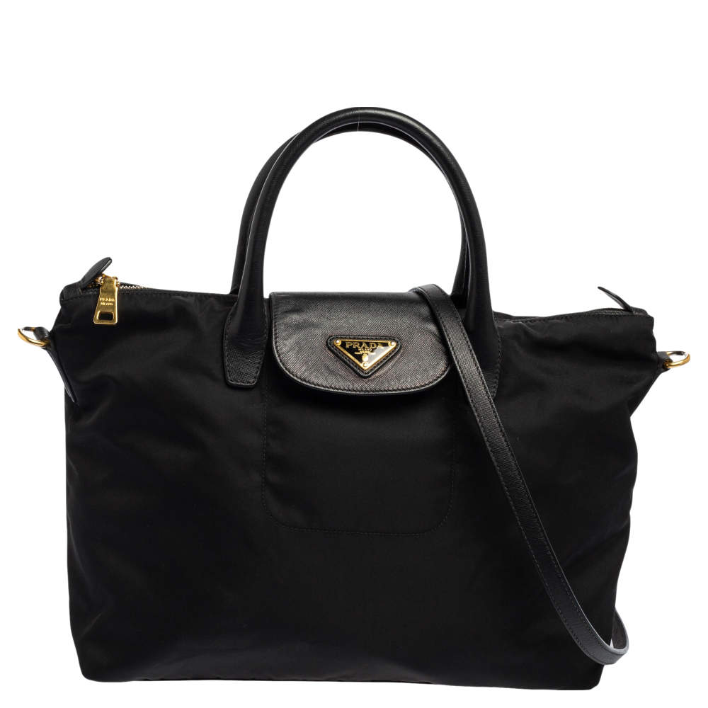 Pre Owned Prada Black Tessuto Nylon and Saffiano Leather Convertible Tote