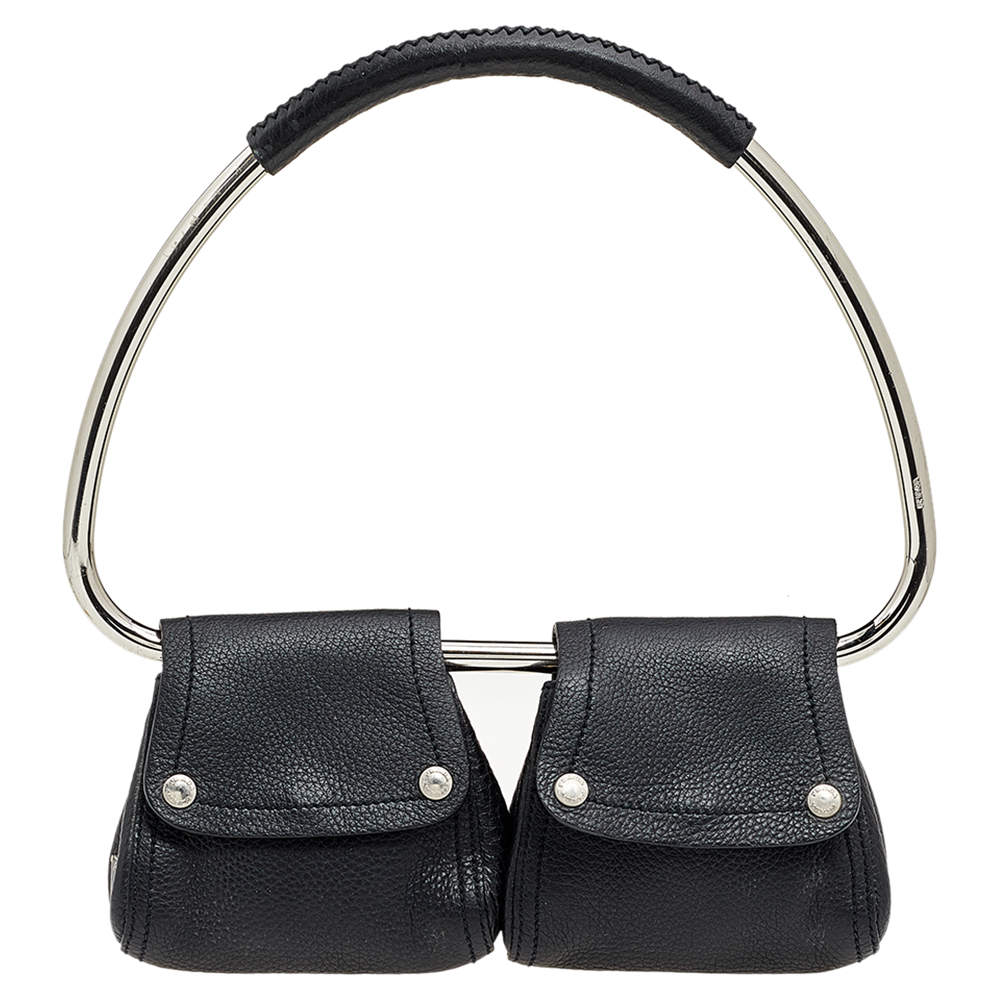 Pre Owned Prada Black Leather Silver Loop Top Handle Bag