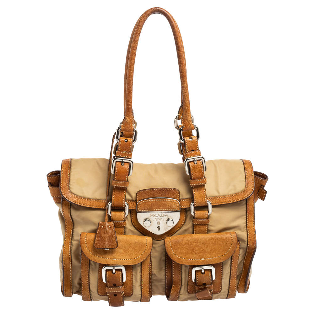 Pre Owned Prada Beige/Brown Nylon and Leather Double Pocket Shoulder Bag