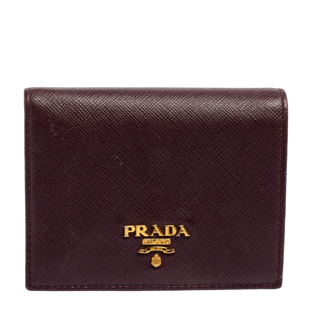 Pre Owned Prada Dark Burgundy Saffiano Lux Leather Bifold Card Case