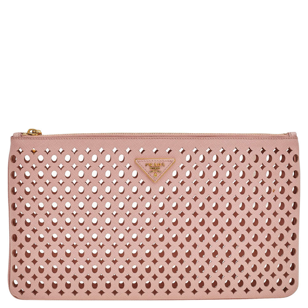 Pre Owned Prada Pink Cutwork Leather Clutch