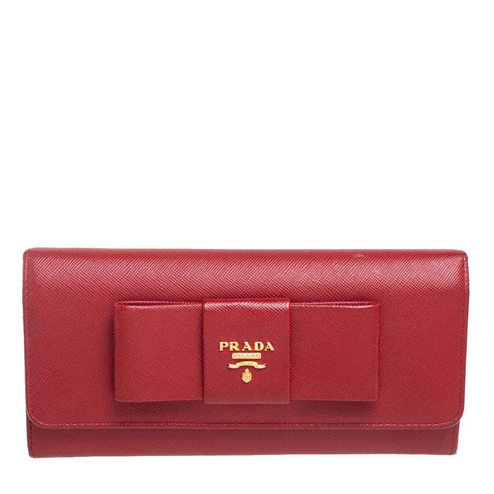 Prada Red Saffiano Lux Leather Bow Flap Continental Wallet