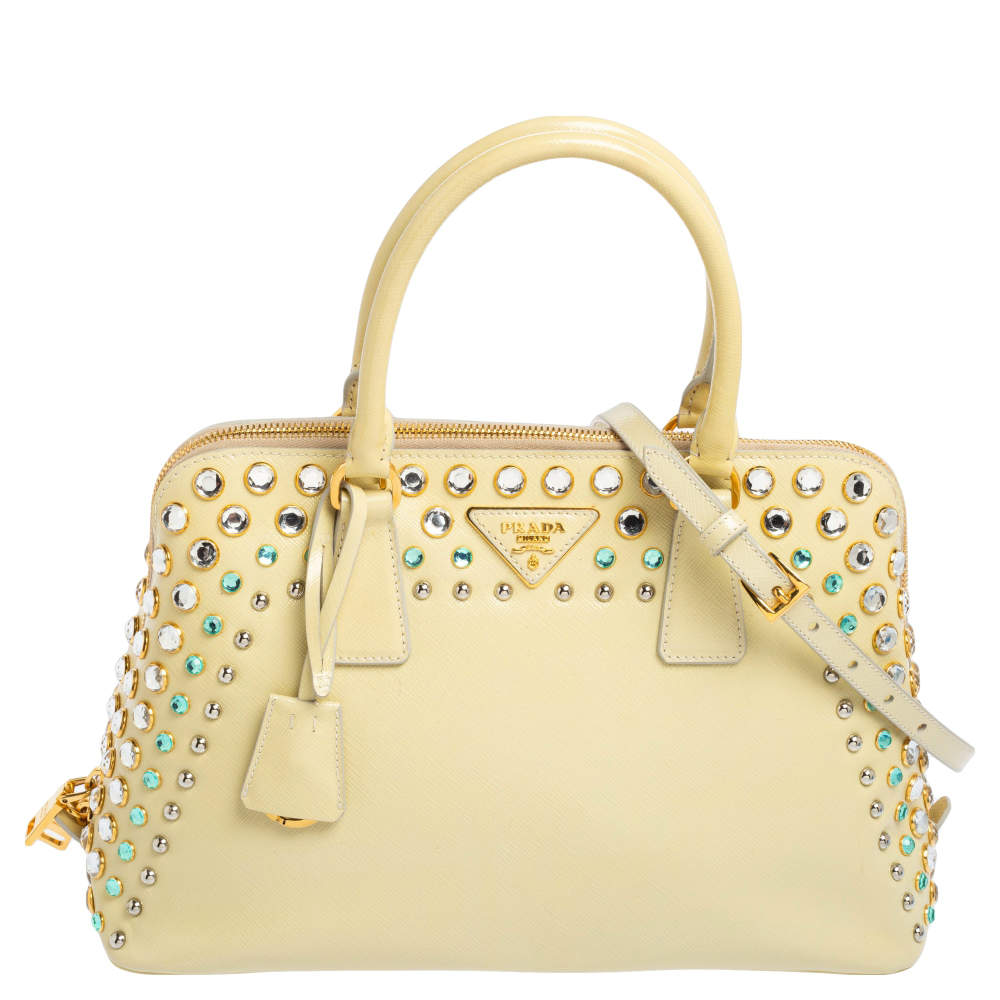 Pre Owned Prada Cream Saffiano Vernic Leather Crystal Embellished Pyramid Frame Satchel