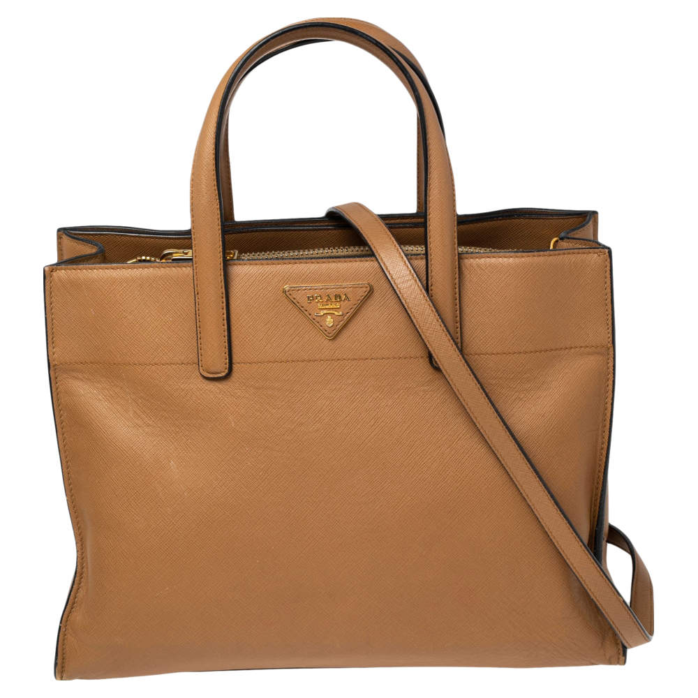 Pre Owned Prada Tan Saffiano Soft Leather Middle Zip Tote
