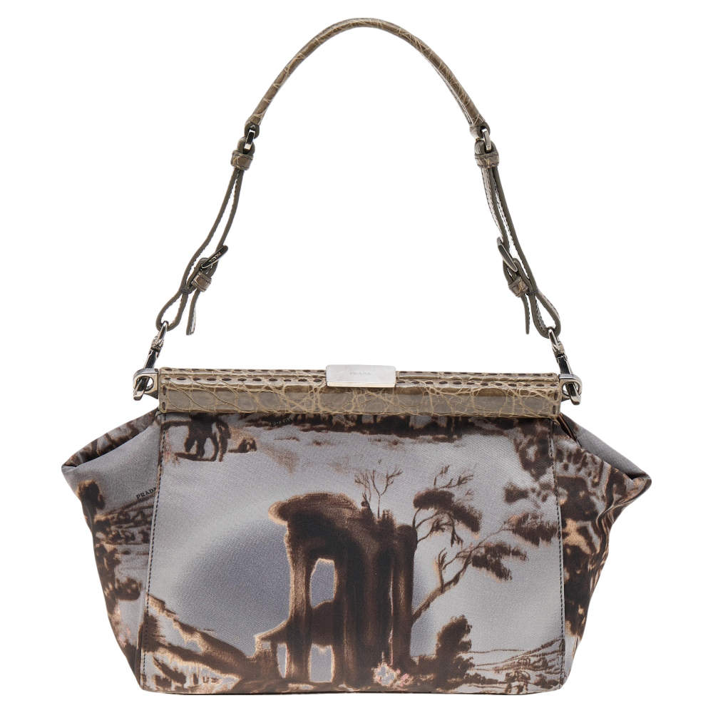 Pre Owned Prada Multicolor Printed Nylon and Crocodile Frame Satchel