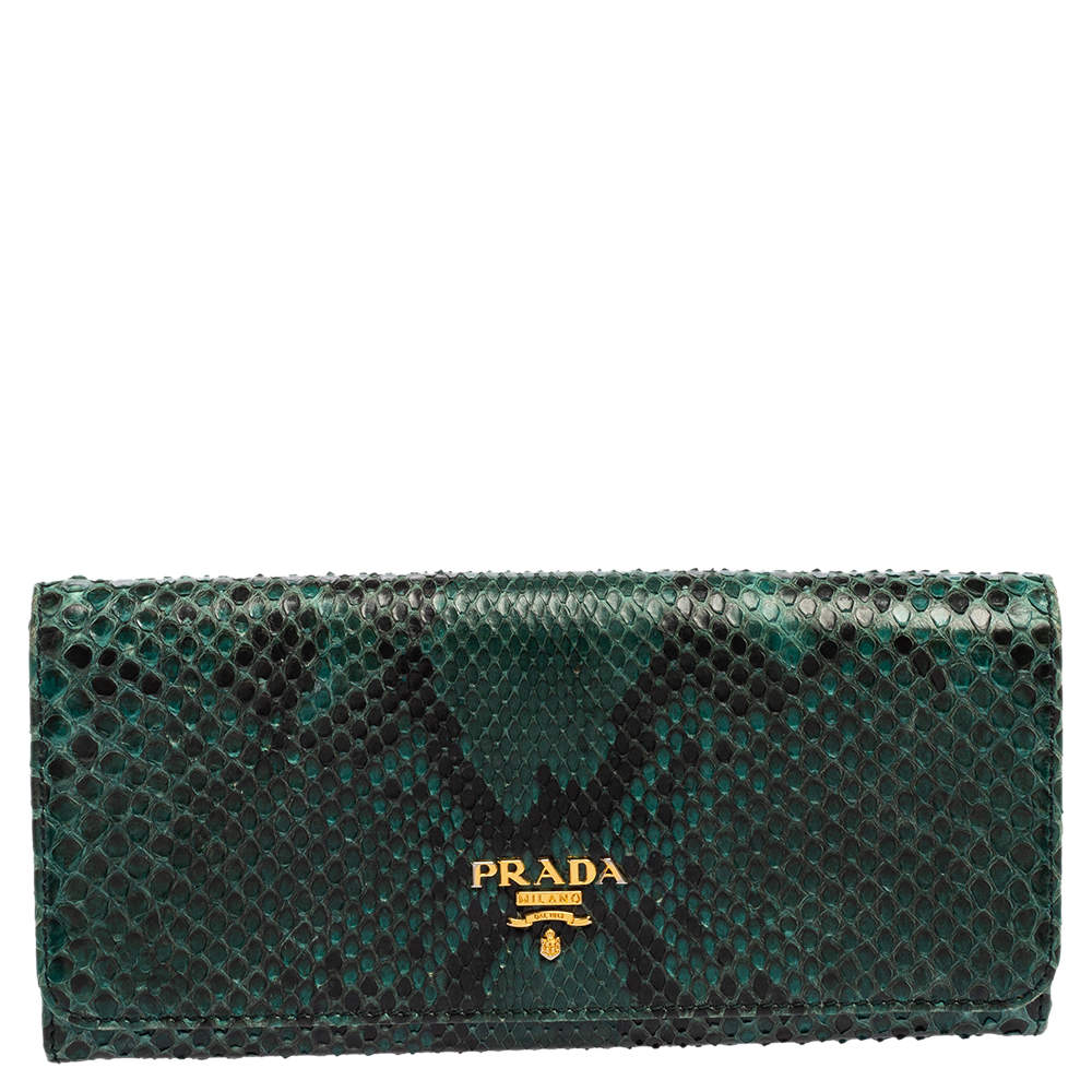 Pre Owned Prada Black/Green Python Flap Continental Wallet