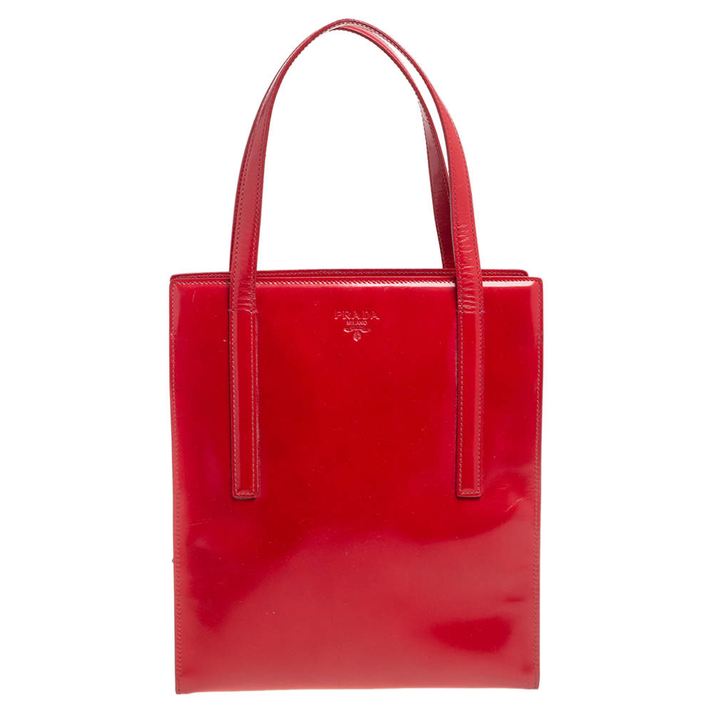 Pre Owned Prada Red Glossy Leather Vintage Tote