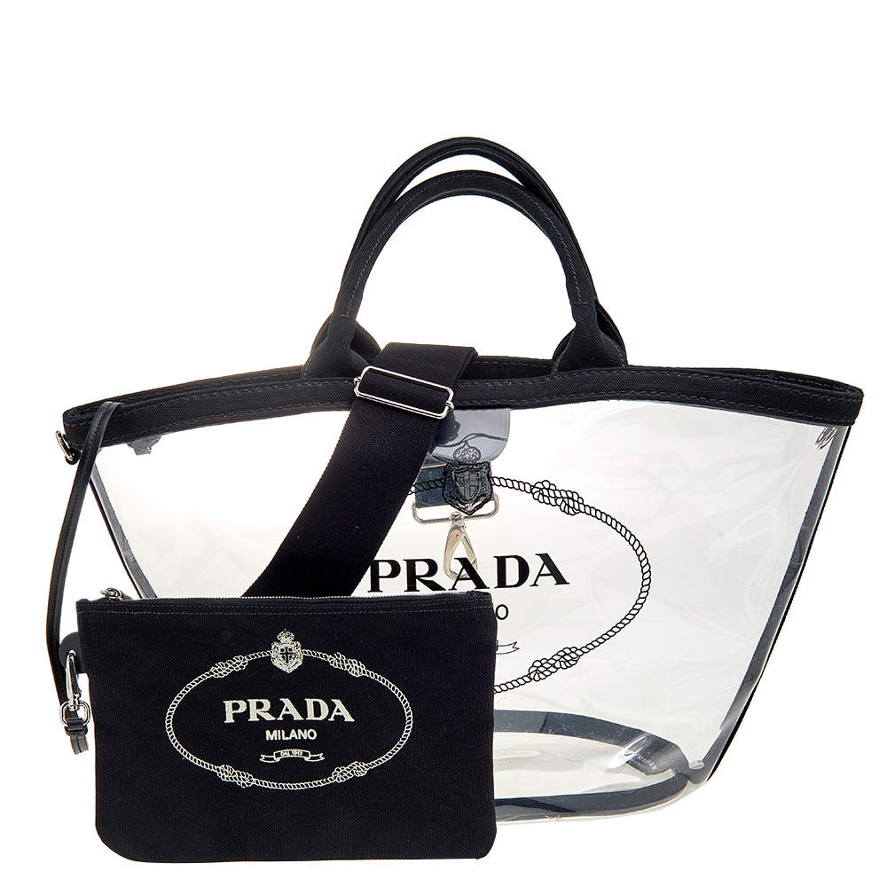 Pre Owned Prada Black/Transparent Canvas and PVC Logo Tote