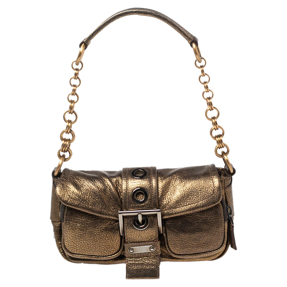 Pre Owned Prada Bronze Leather Sandalo Mini Pocket Shoulder Bag 