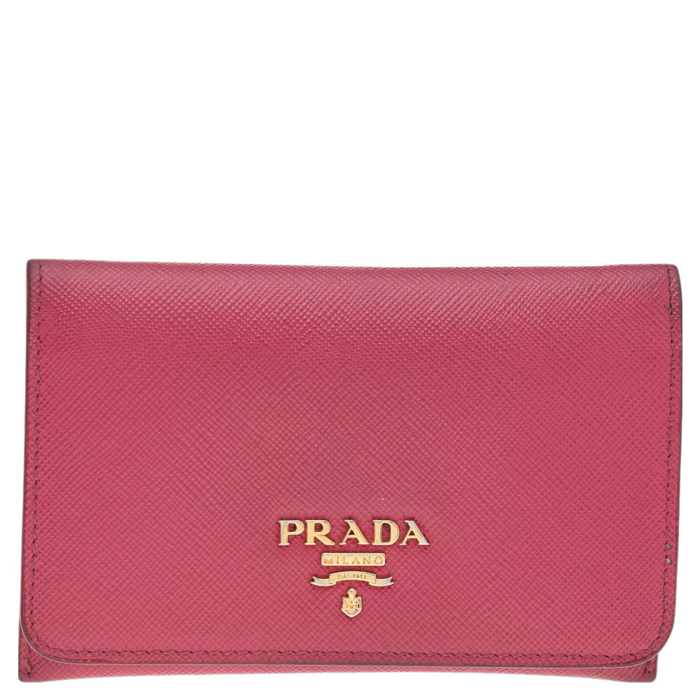 Prada Pink Saffiano Leather Flap Business Card Holder 