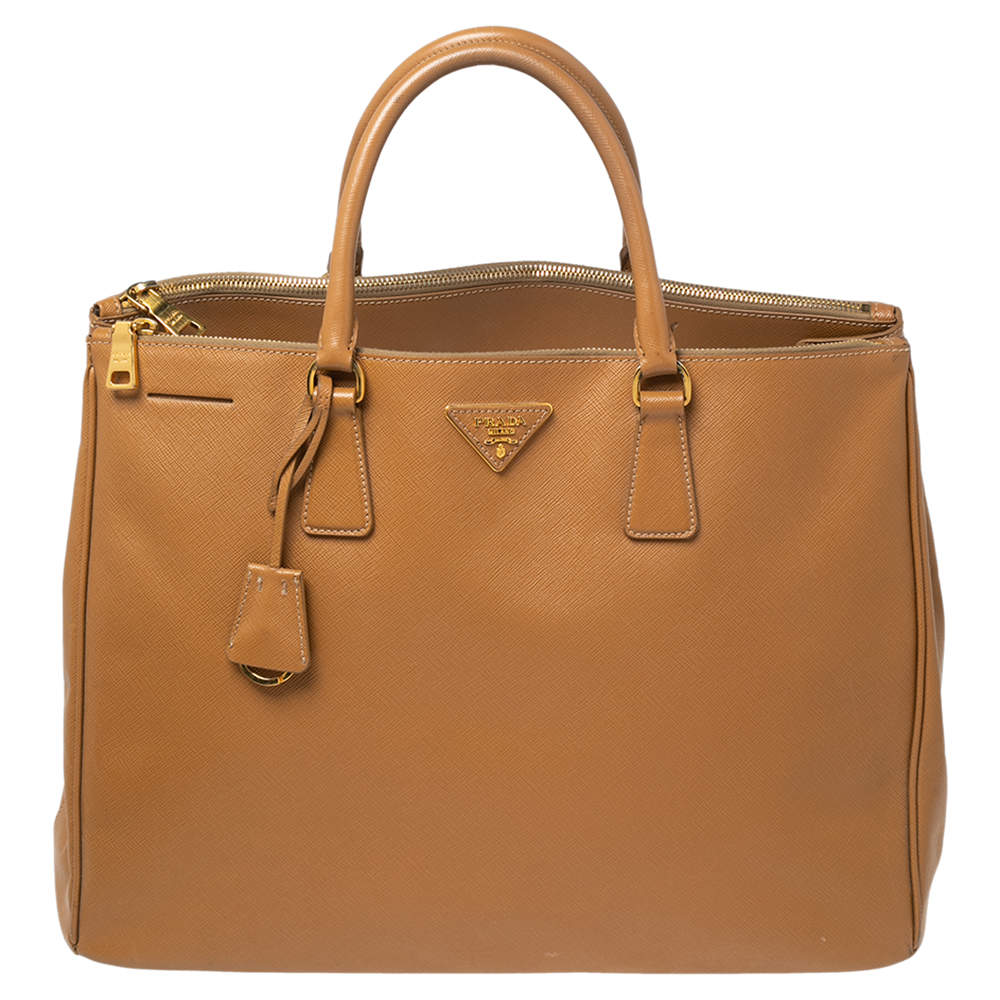 Pre Owned Prada Tan Saffiano Lux Leather Executive Galleria Double Zip Tote