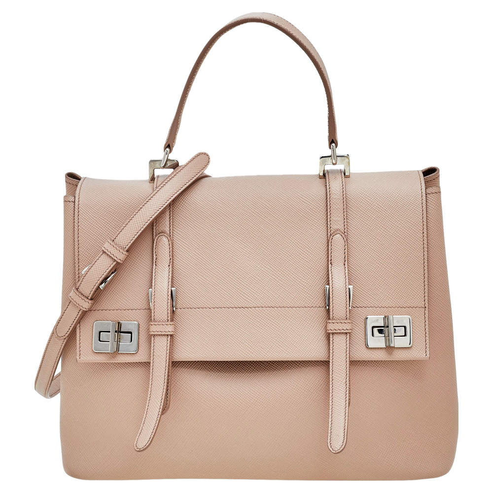 Pre Owned Prada Beige Saffiano Cuir Leather Double Turn Lock Top Handle Bag