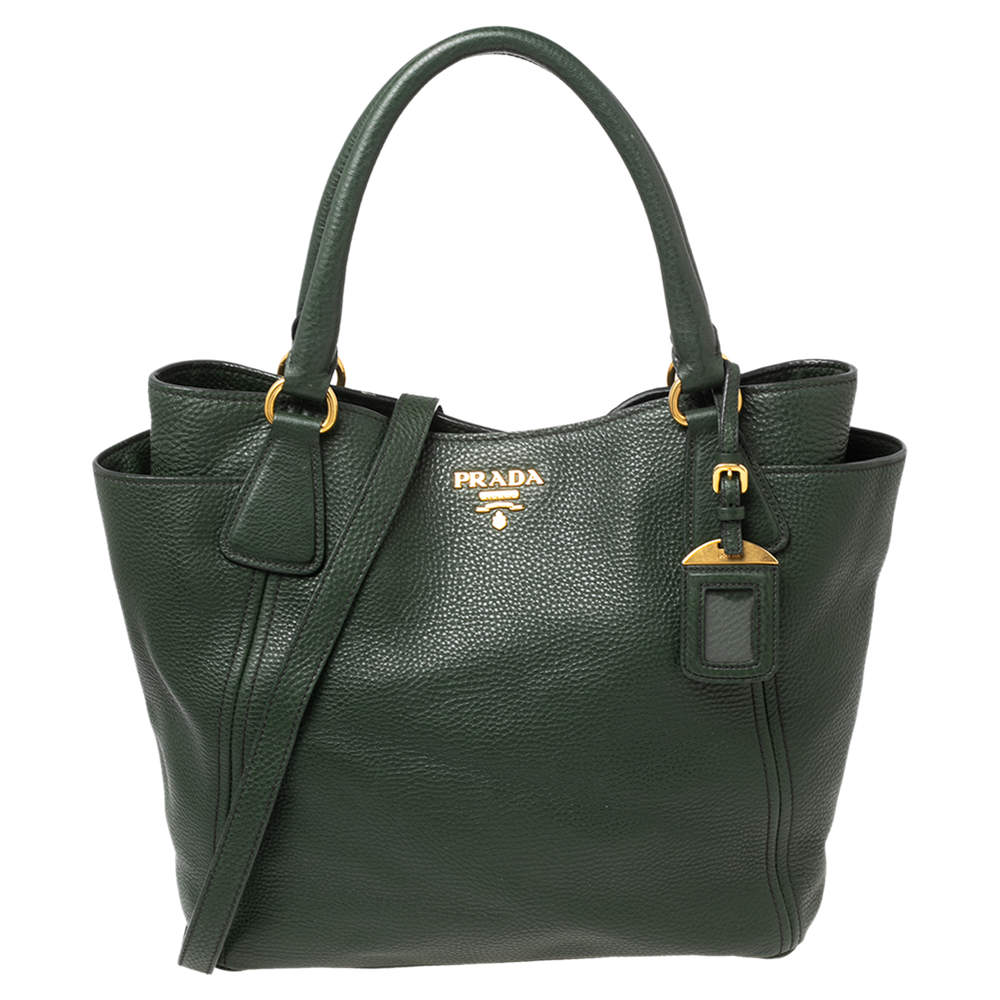 Pre Owned Prada Green Vitello Daino Leather Sacca 2 Manici Tote