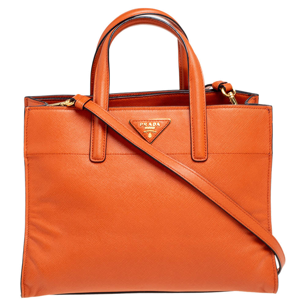 Pre Owned Prada Orange Saffiano Leather Triple Pocket Convertible Tote