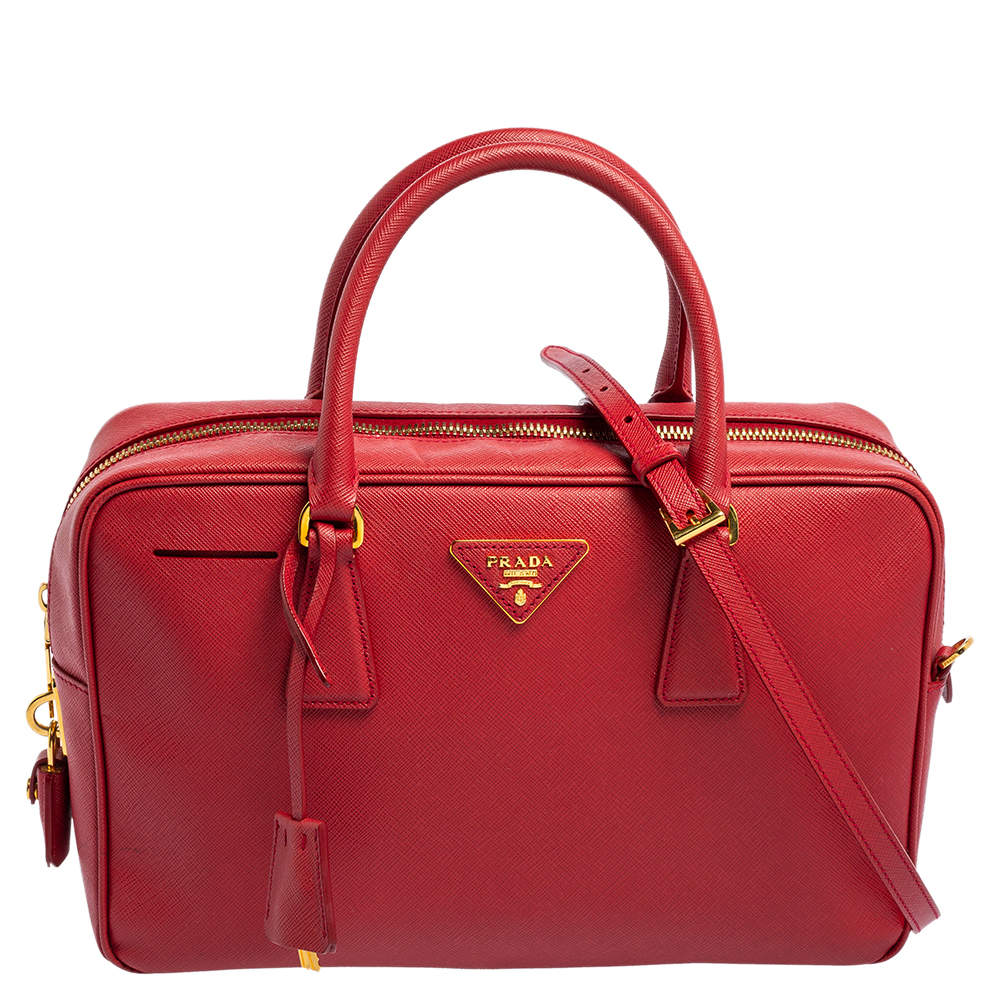 Pre Owned Prada Red Saffiano Lux Leather Zip Bauletto Bag